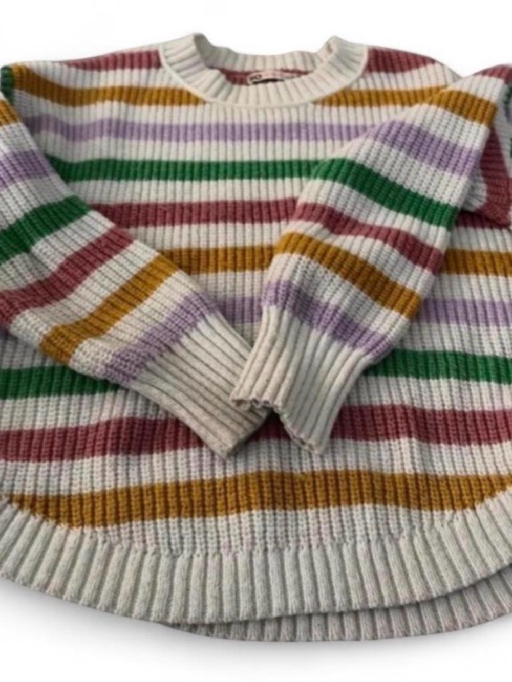 SO Cream Sweater with Green, Mustard, Lavender, and Rose Stripes